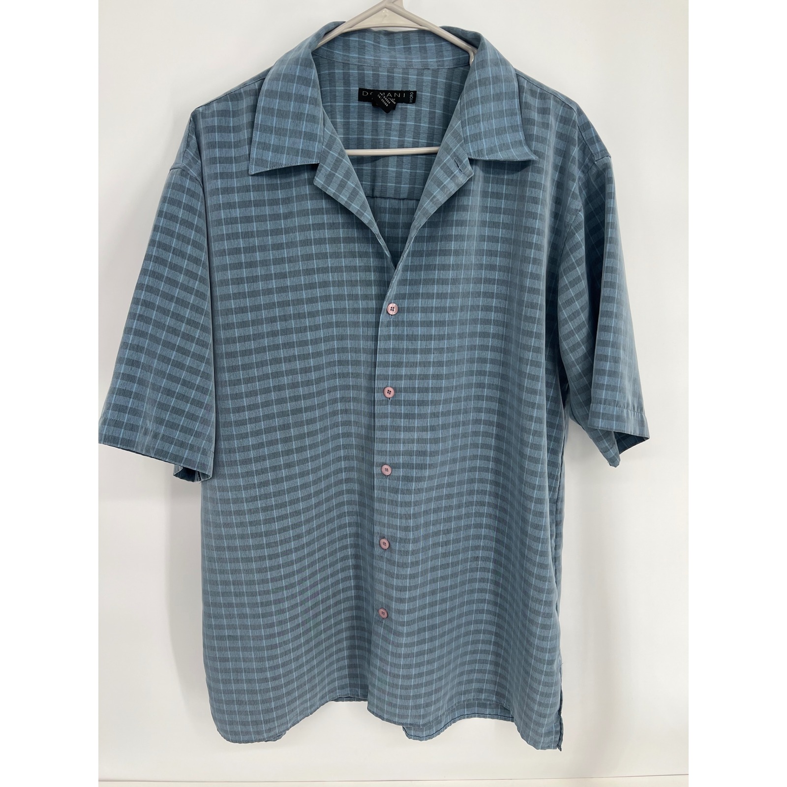 Domani Platinum Mens Large Blue Grey Plaid Short Sleeve Camp Collar Button Shirt